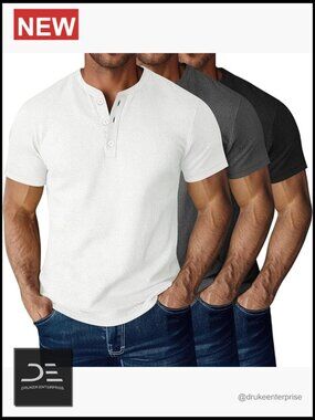 Waffle Knit Henley Shirts Short Sleeve Button Tees 3 Pack